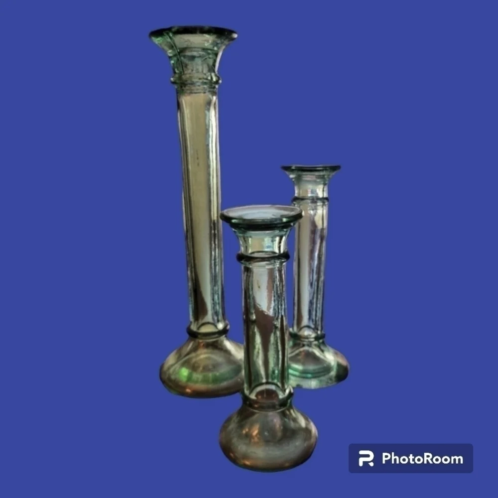 VTG Contemporary Recycled Green Glass Candlestick Holders Bud Vases Set